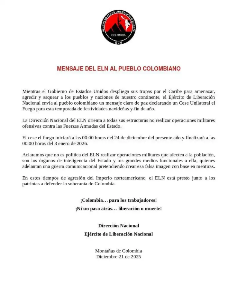 Cese al Fuego del ELN: Un Llamado a la Paz en Colombia Durante las Fiestas